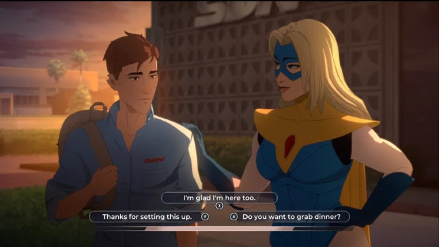 A screengrab from Dispatch showing two costumed figures walking outdoors at sunset, with dialogue options displayed along the bottom of the screen