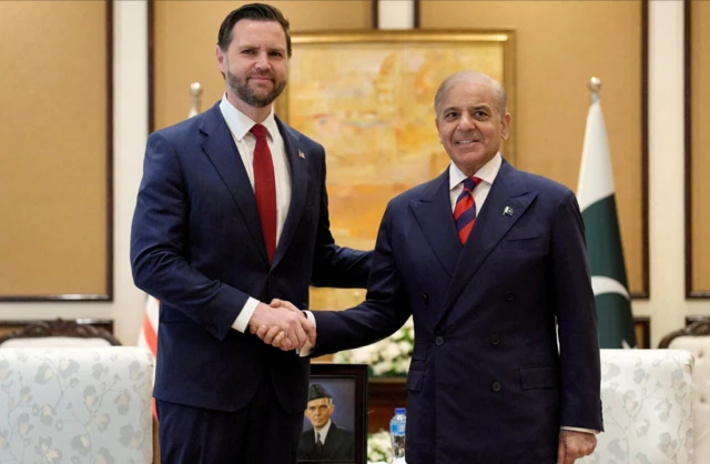 U.S. Vice President JD Vance and Pakistan's Prime Minister Shehbaz Sharif pose on the day of a meeting for talks about Iran, in Islamabad