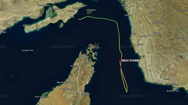 Map showing Rich Starry ship doing a U-turn in the Gulf of Oman