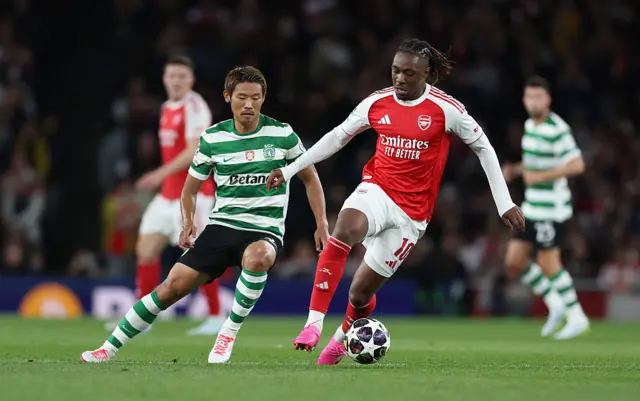 Arsenal's Eberechi Eze and Sporting CP's Hidemasa Morita
