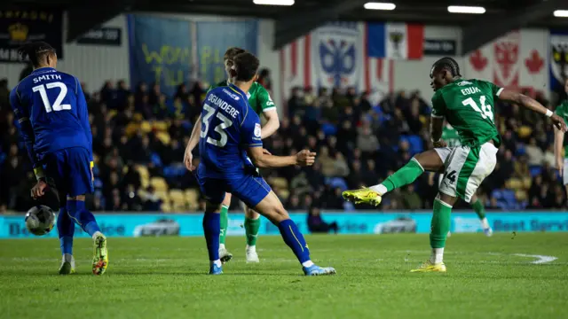 Tayo Edun scores a goal for Stockport County