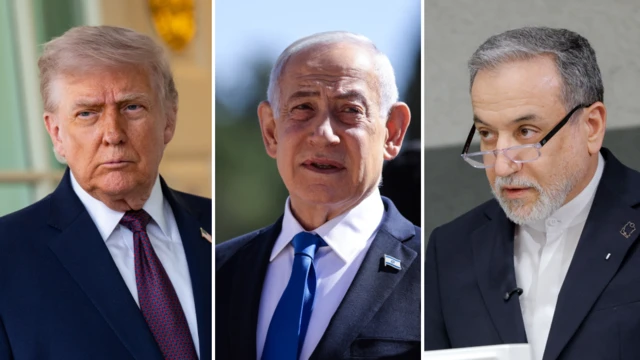 A composite image of (from left to right) US President Trump, Israeli Prime Minister Benjamin Netanyahu and Iranian Foreign Minister Abbas Araghchi
