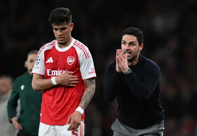 Mikel Arteta, Manager of Arsenal, reacts