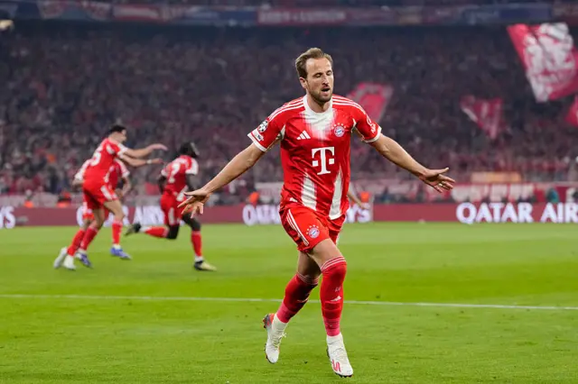 Harry Kane centre-forward of Bayern Munchen and England celebrates