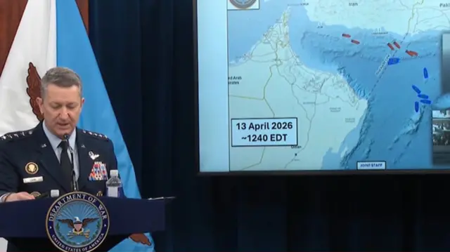 Caine shows a graphic showing ships in the Strait of Hormuz near the US blockade