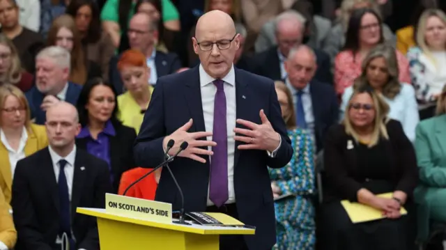 SNP leader John Swinney at the launch of the party's manifesto for the Holyrood election, at Barras Art & Design (BAaD) in Glasgow