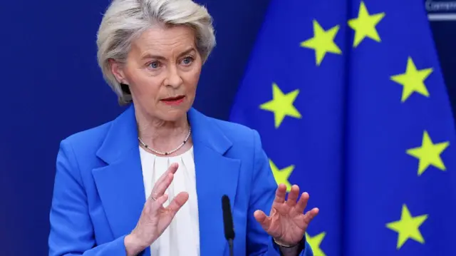 uropean Commission President Ursula von der Leyen speaks at a press conference in Brussels, Belgium, April 13, 2026.