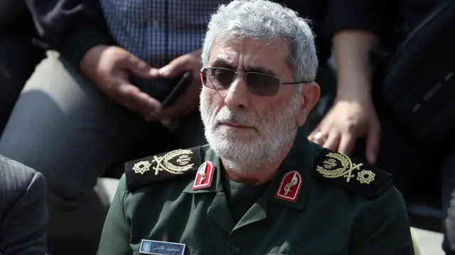 Head of Iranian Quds forces General Esmail Qaani (C) attends the funeral ceremony of former Islamic Revolutionary Guard Corps (IRGC) Brigadier General Abbas Nilforoushan in Tehran, Iran, 15 October 2024.