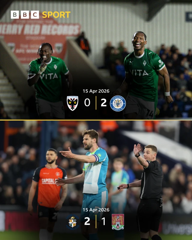 Two images; one showing Stockport celebrating a 2-0 victory over AFC Wimbledon (above) and another showing Northampton Town's Jon Guthrie protesting to referee during their 2-1 loss against Luton Town (below)