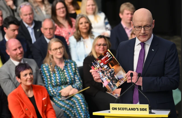 SNP Leader John Swinney speaking at the launch of the party's manifesto for the Holyrood election