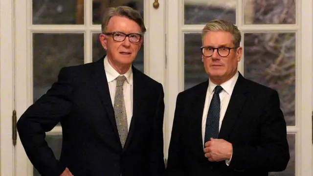 Lord Mandelson and Keir Starmer pictured in February 2025