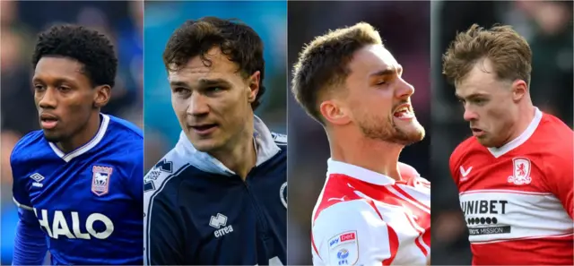 From left to right, Ipswich winger Jaden Philogene, Millwall captain Jake Cooper, Southampton defender Taylor Harwood-Bellis, Middlesbrough forward Tommy Conway