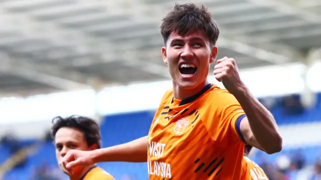Rubin Colwill celebrates for Cardiff after scoring