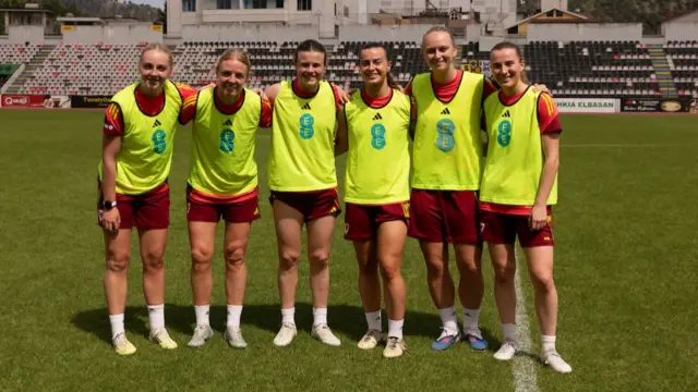 Wales' Mayzee Davies, Wales' Sophie Ingle, Wales' Hayley Ladd, Wales' Ella Powell, Wales' Elise Hughes and Wales' Carrie Jones during the training session at Elbasan Arena in Elbasan, Albania