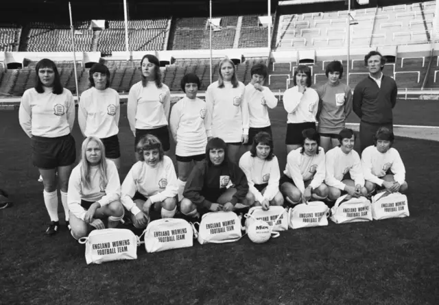 The England women's national football team ahead of the UK's first official women's football international against Scotland at the Ravenscraig Stadium, Greenock