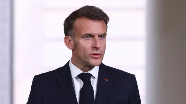 French President Emmanuel Macron speaking at a press conference after a multinational coalition summit to facilitate shipping in the Strait of Hormuz once the US-Iran war ends, at the Elysee Presidential Palace in Paris, France.