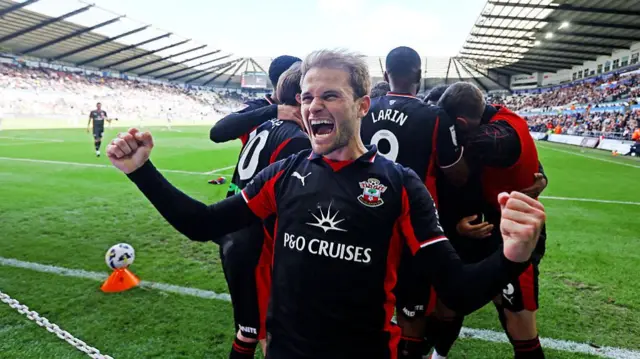 Southampton players celebrating at Swansea