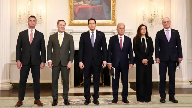 U.S. State Department Counsellor Michael Needham, U.S. Ambassador to the UN Mike Waltz, U.S. Secretary of State Marco Rubio, U.S. Ambassador to Lebanon Michel Issa, Lebanon Ambassador to the U.S. Nada Hamadeh Moawad and Israel Ambassador to the U.S. Yechiel Leiter pose for a photo before their meeting at the State Department in Washington, D.C., U.S., April 14, 2026