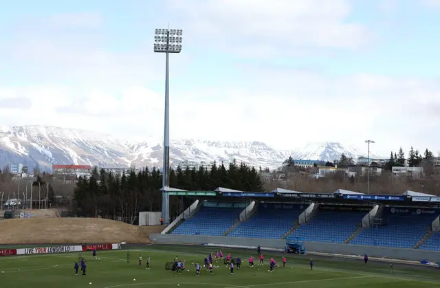 A general view of England players during a training session at Laugardalsvollur National Stadium