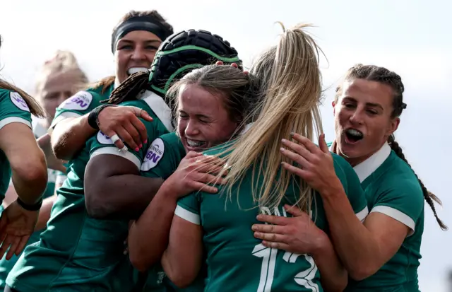 Ireland celebrate Robyn O'Connor's try