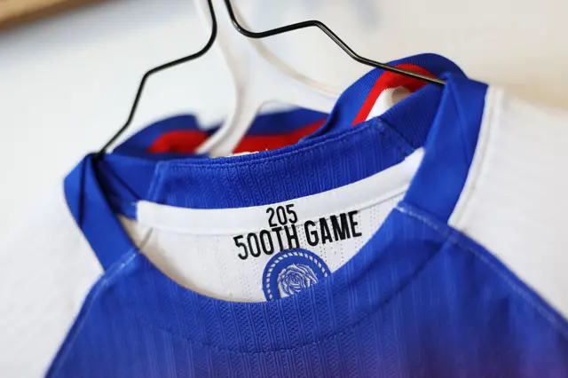 A detailed view of the 500th Game detailing on a shirt inside of the England dressing room