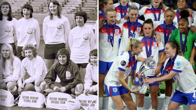 A split image of the 1972 England team and the 2025 Euros winners