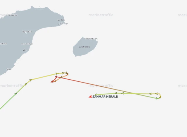 A ship's tracking data shows that it turned around in the strait of hormuz - a green and red line shows that it made a U-turn around Iran's Larak Shahri island.