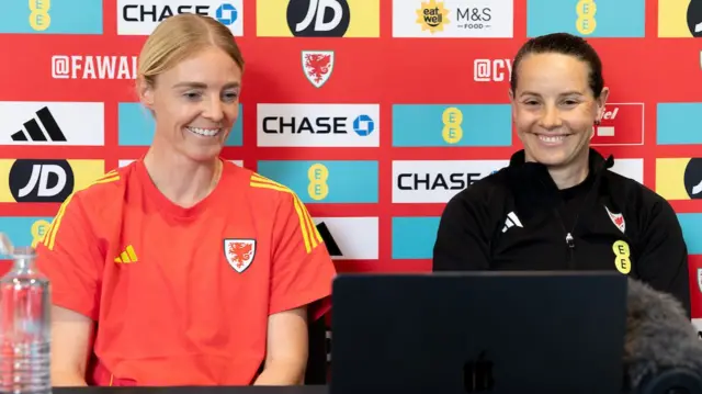 Sophie Ingle and Rhian Wilkinson at MD-1 top table press conference doing virtual interview