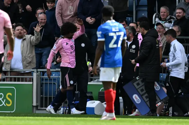 Hamza Choudhury (17) of Leicester City looks unhappy at being taken off