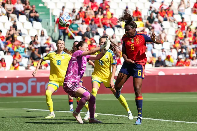Edna Imade scores one of two headed goals against Ukraine