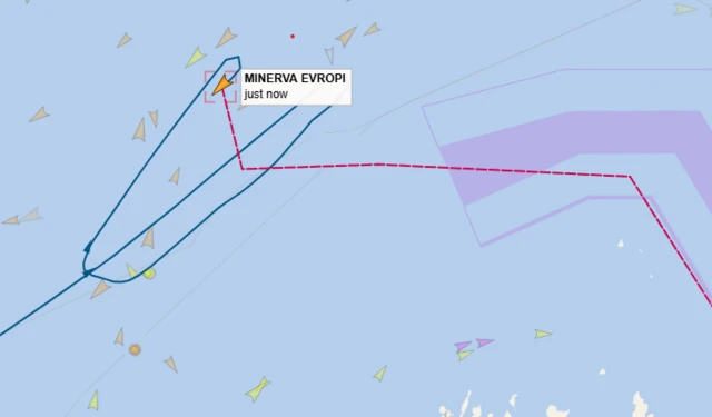 A map showing the Minerva Evropi vessel changing course in the Strait of Hormuz