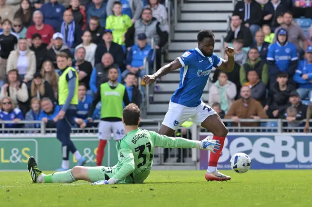 Millenic Alli (27) of Portsmouth misses a chance to score a goal