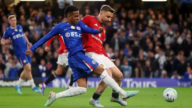 Estevao of Chelsea is put under pressure by Luke Shaw