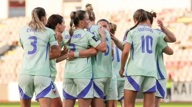 Wales players celebrate Roberts' goal