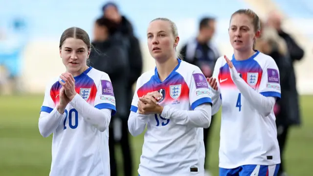 Beth Mead, Jess Park and Keira Walsh applaud the travelling support