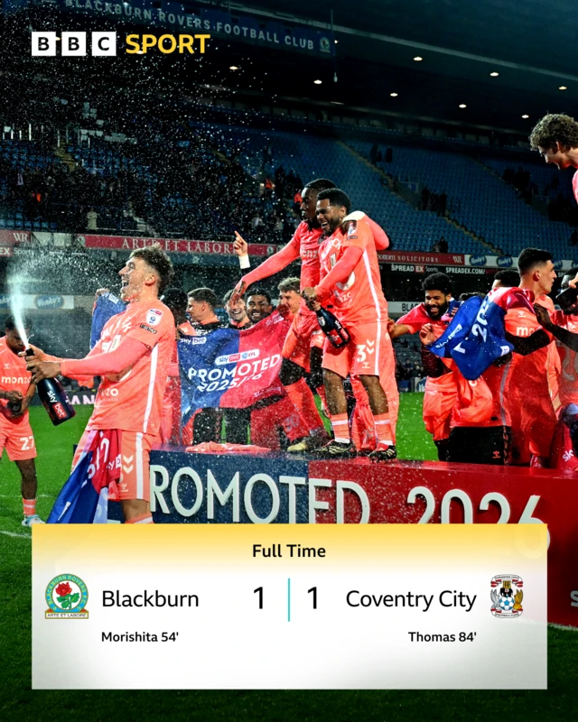 A photo of Coventry City celebrating their promotion above the Blackburn 1-1 Coventry score card