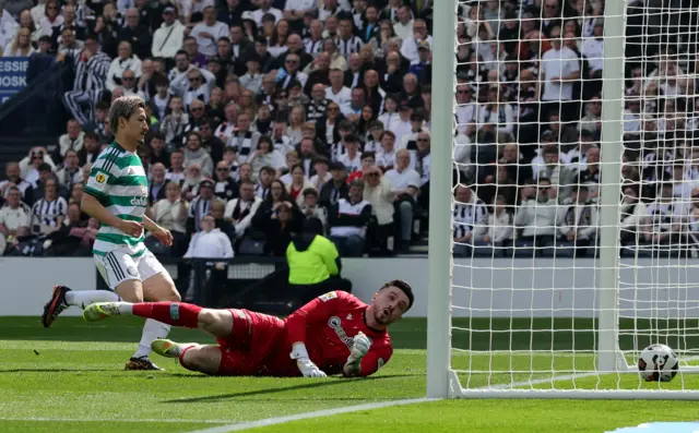 Celtic's Daizen Maeda scores their side's first goal of the game during the Scottish Gas Men's Scottish Cup Semi-Final match at Hampden Park, Glasgow.