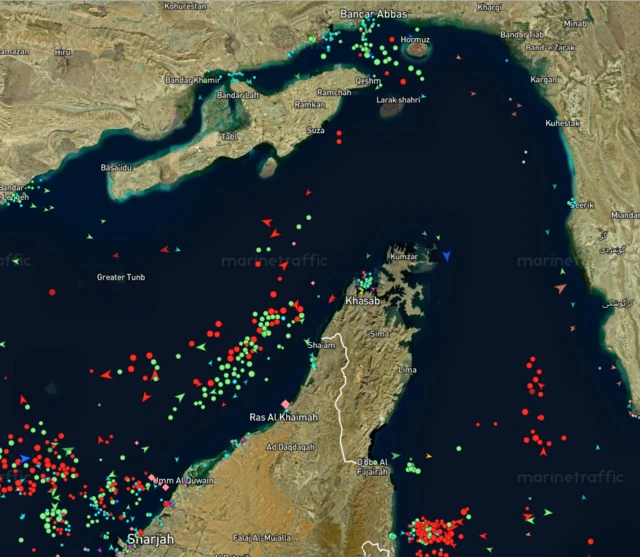 A map showing boat traffic through the Strait of Hormuz shows little sign of boats moving