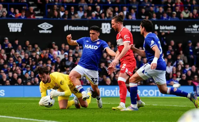 Ipswich Town's Marcelino Nunez challenges Middlesbrough goalkeeper Solomon Brynn