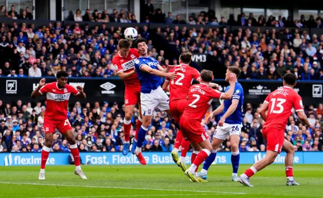 Ipswich Town's Jacob Greaves battles with Middlesbrough's Dael Fry