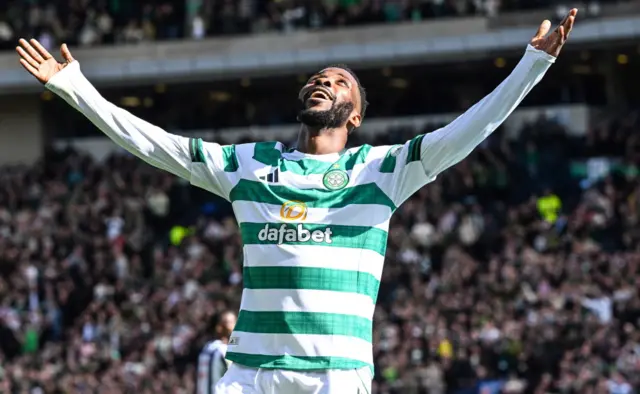 Celtic's Kelechi Iheanacho celebrates scoring to make it 4-2 during a Scottish Gas Scottish Cup semi-final match between Celtic and St Mirren at Barclays Hampden, on April 19, 2026, in Glasgow, Scotland.