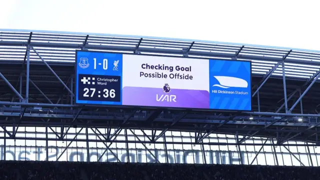 The LED screen displays a message from VAR which reads "Checking Goal, Possible Offside"