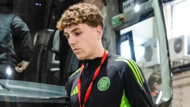 Celtic midfielder Arne Engels arriving at Hampden