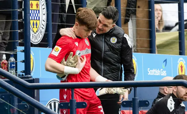 St Mirren substitute goalkeeper Grant Tamosevicius (L) speaks to Jamie Langfield as he prepares to come on for the injured Ryan Mullen during a Scottish Gas Scottish Cup semi-final match between Celtic and St Mirren at Barclays Hampden, on April 19, 2026, in Glasgow, Scotland