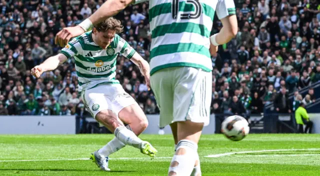 Celtic's Anthony Ralston scores to make it 2-0 during a Scottish Gas Scottish Cup semi-final match between Celtic and St Mirren at Barclays Hampden,