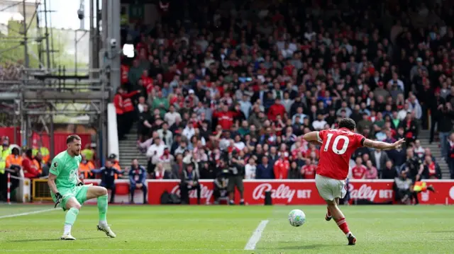 Morgan Gibbs-White of Nottingham Forest scores his team's first goal