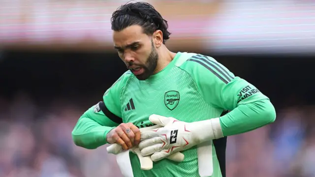 Arsenal goalkeeper David Raya reacts