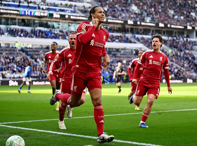 Virgil van Dijk celebrates scoring winning goal for Liverpool at Everton