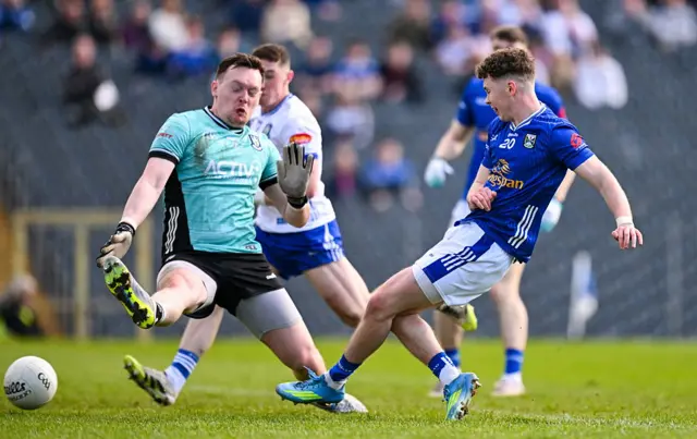 Darragh Lovett scores a goal for Cavan