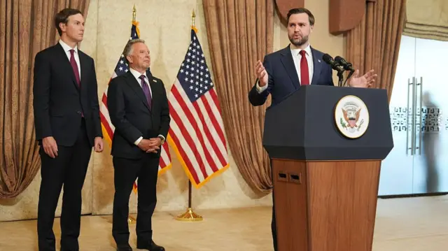 Jared Kushner, Steve Witkoff and JD Vance stand next to a podium in Pakistan